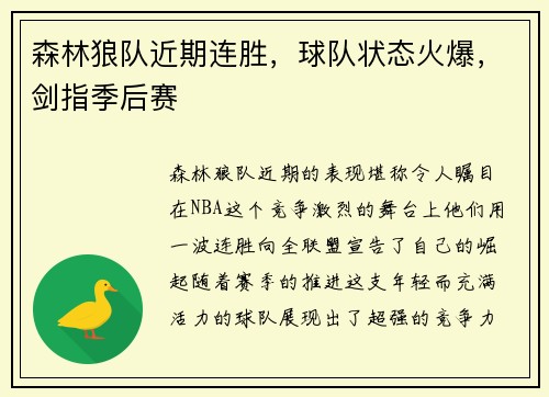 森林狼队近期连胜，球队状态火爆，剑指季后赛